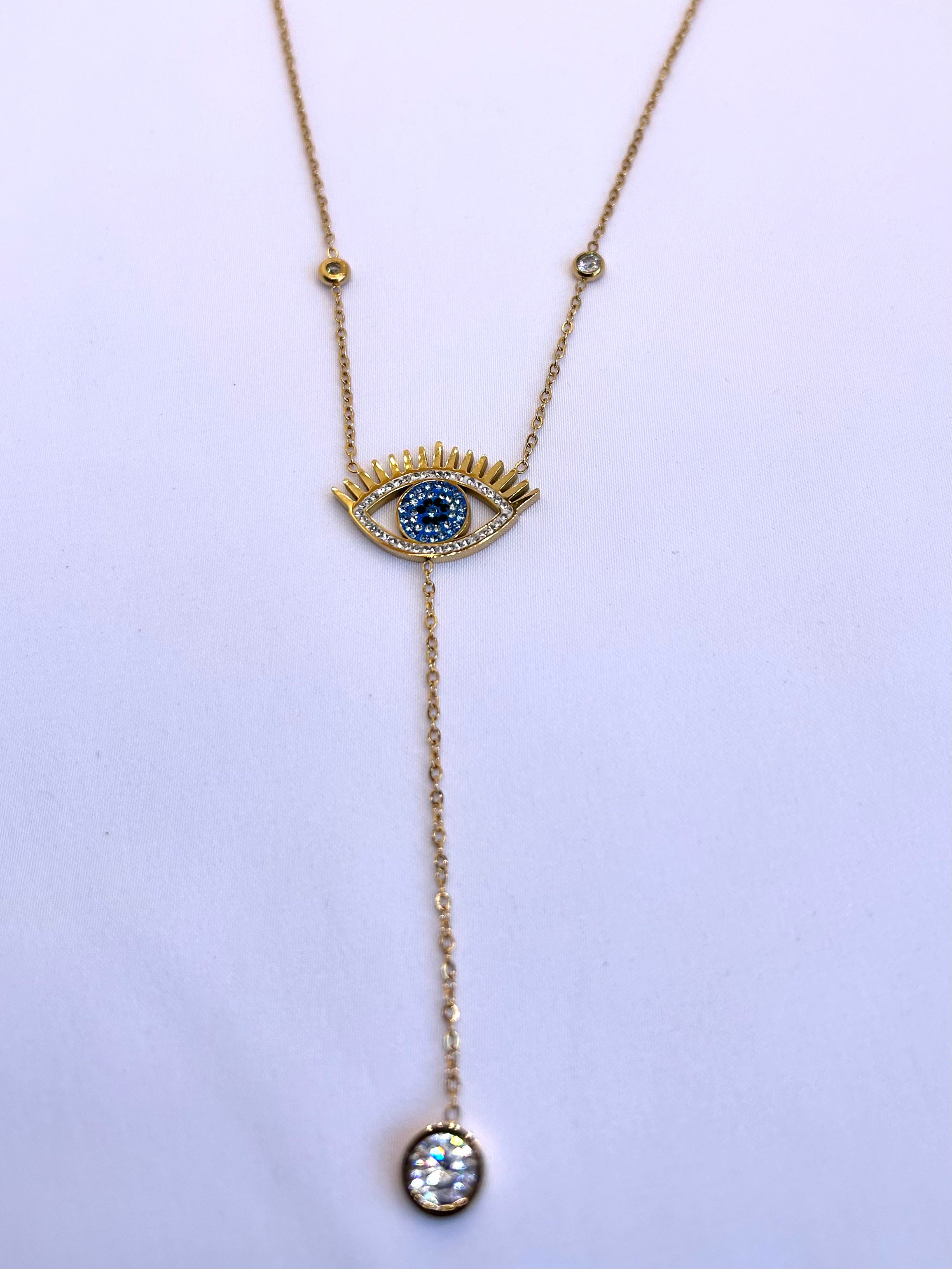 Pendentif Chaine Collier Vintage Cristal émail Bleu Et Doré - Bijou Rétro