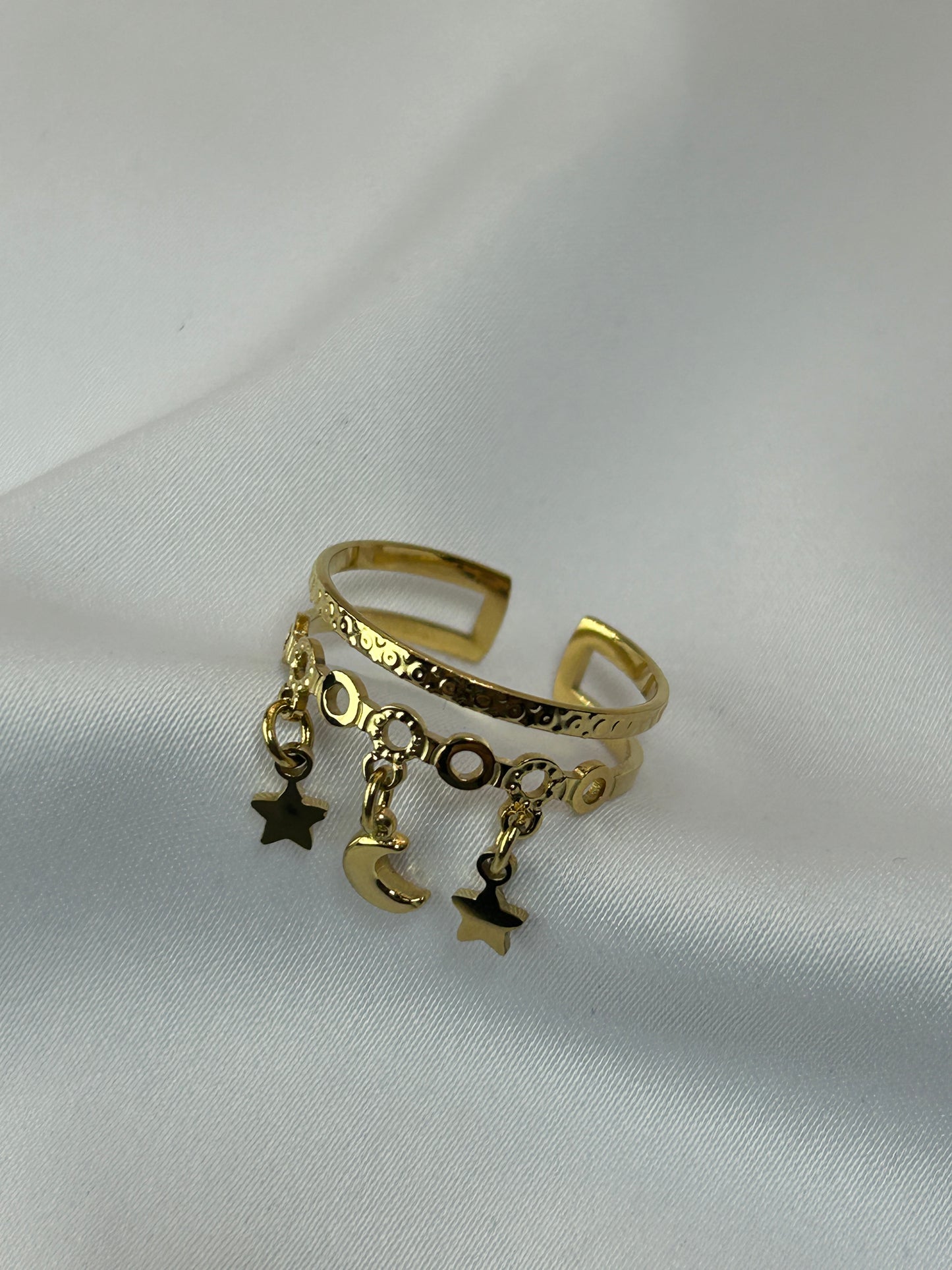 Bague Femme Breloque Lune Croissante et Etoiles Luxe