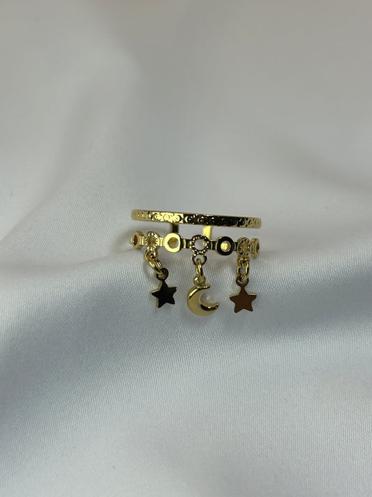 Bague Femme Breloque Lune Croissante et Etoiles Luxe