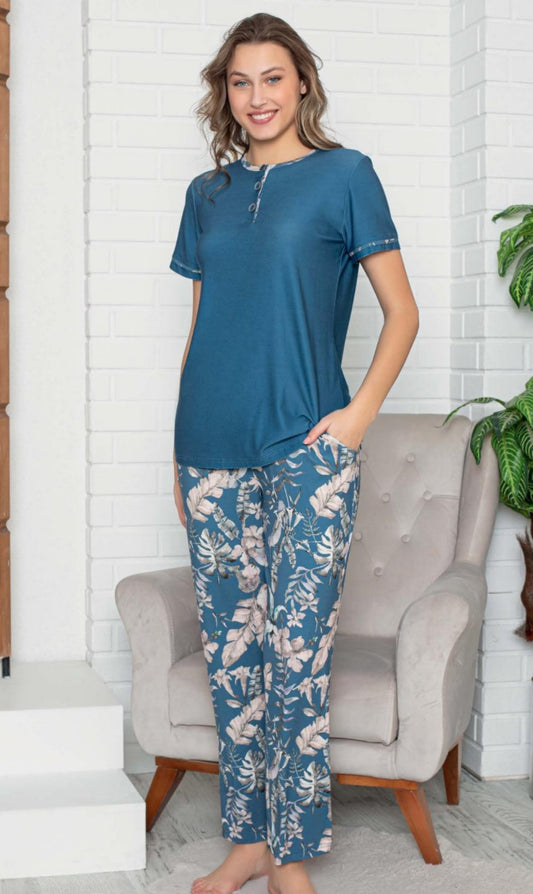 Pyjama Femme Deux Pièces Couleur Bleue Boutons Fonctionnels Pantalon Imprimé Nature Harmonie Vêtements Quotidien et Nuit