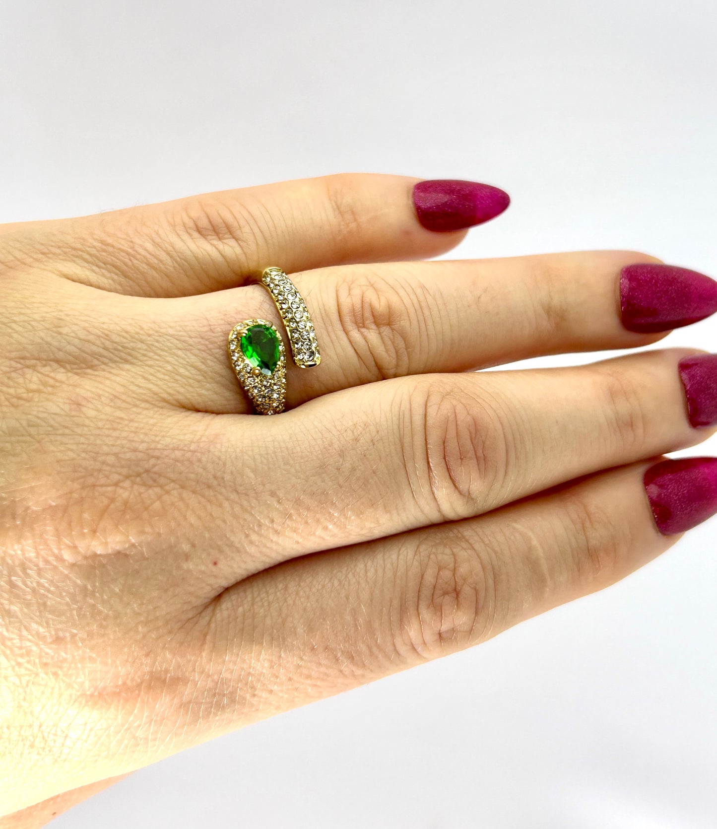 Bague Serpent Spirale Ouverte Gros Strass Vert Vintage Femme Luxe