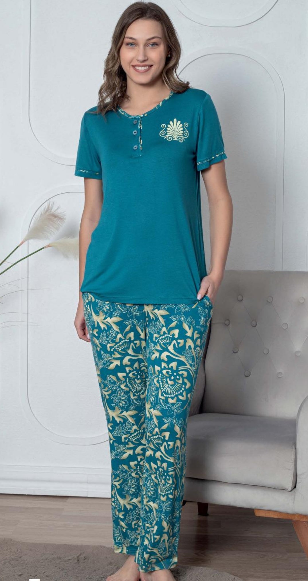 Pyjama Femme Coton Confort Deux Pièces Imprimé Fleurs Lotus Fond Bleu Pantalon Classique Poches Utilisables Vêtements Pratiques