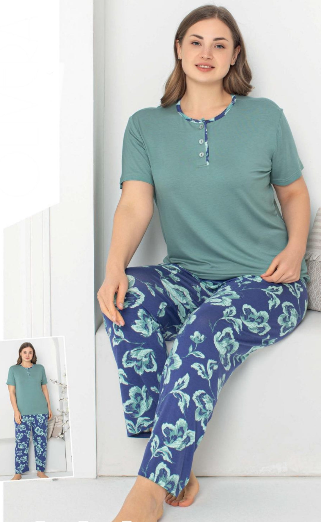 Pyjama Femme Grande taille Coton 2 Pièces Col Rond Boutons Opérationnels Pantalon Classique Imprimé Feuilles Vêtements Détente Suprême