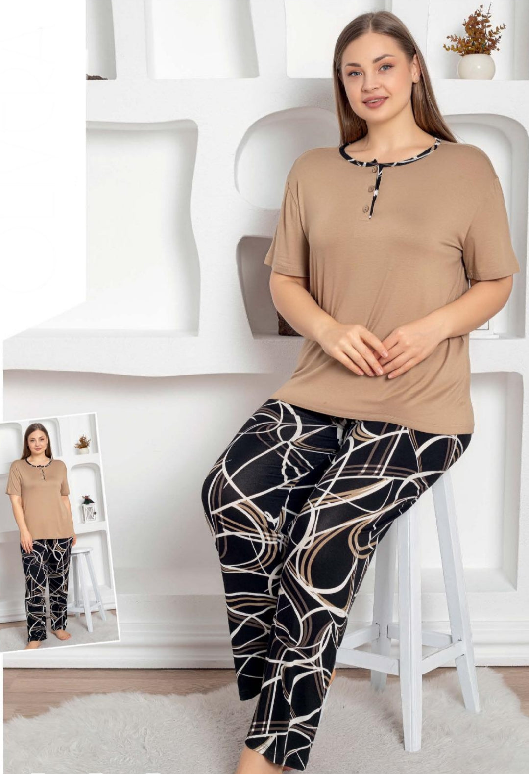 Pyjama Grande Taille Femme en Coton T-shirt Uni Pantalon Classique Vêtement de Maison Sérénité Rêve