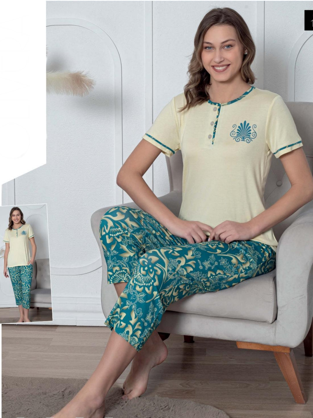 Pyjama Femme Motif Fleur de Lotus à Manches Courtes Col Rond Pantalon imprimé Bali Vêtements Femme pour Maison et Voyage Ambiance Zen