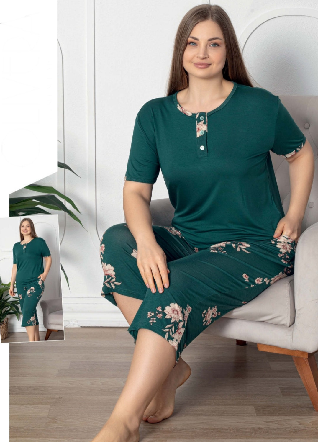 Pyjama Femme Grande Taille ( 2XL-3XL-4XL) T-shirt Uni Manches courtes Pantalon Capri Poches Pratique Vêtement de Maison  Douceur Cocooning