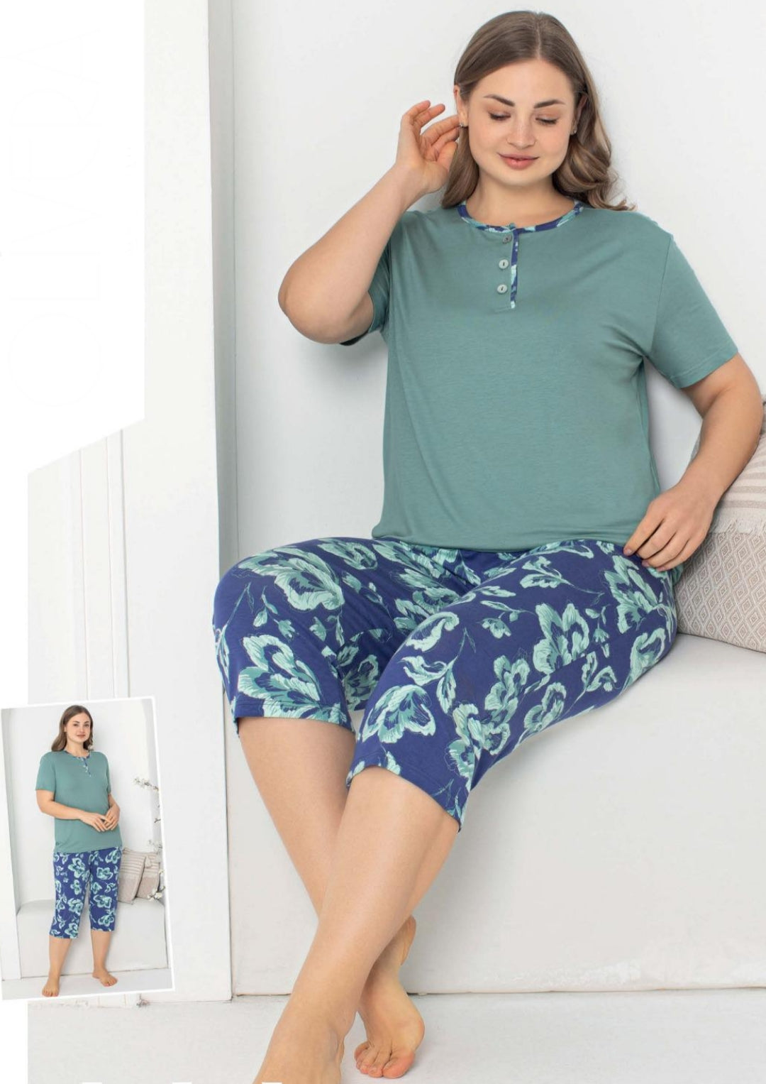 Pyjama Femme Doux Pièces Raffinée Décontractée Grande Taille (2XL-3XL-4XL) T-shirt Uni Pantalon Capri Imprimé Feuille Vêtements Quotidien et Voyages